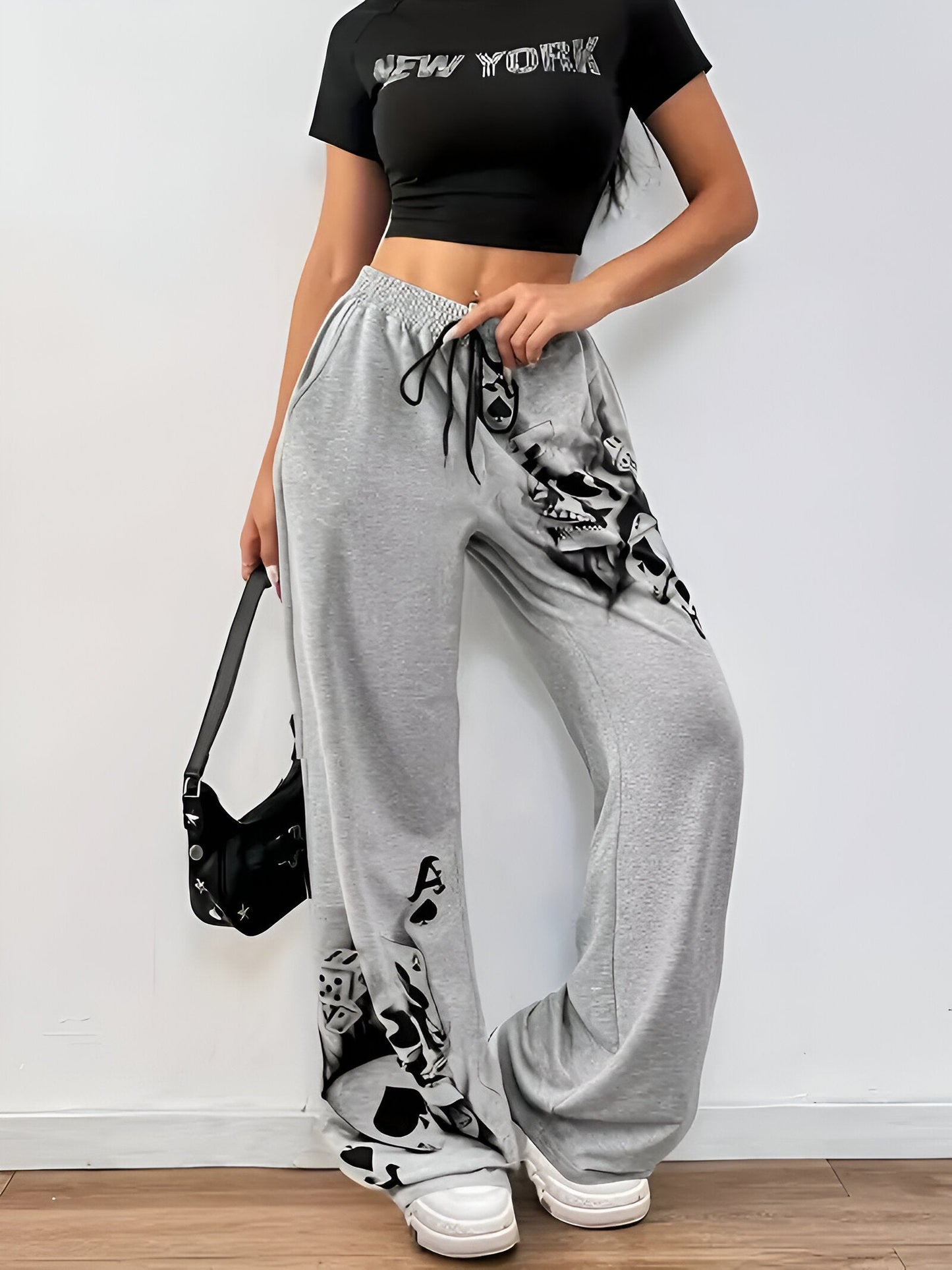 Casual wide-leg pants with ink smoking pattern