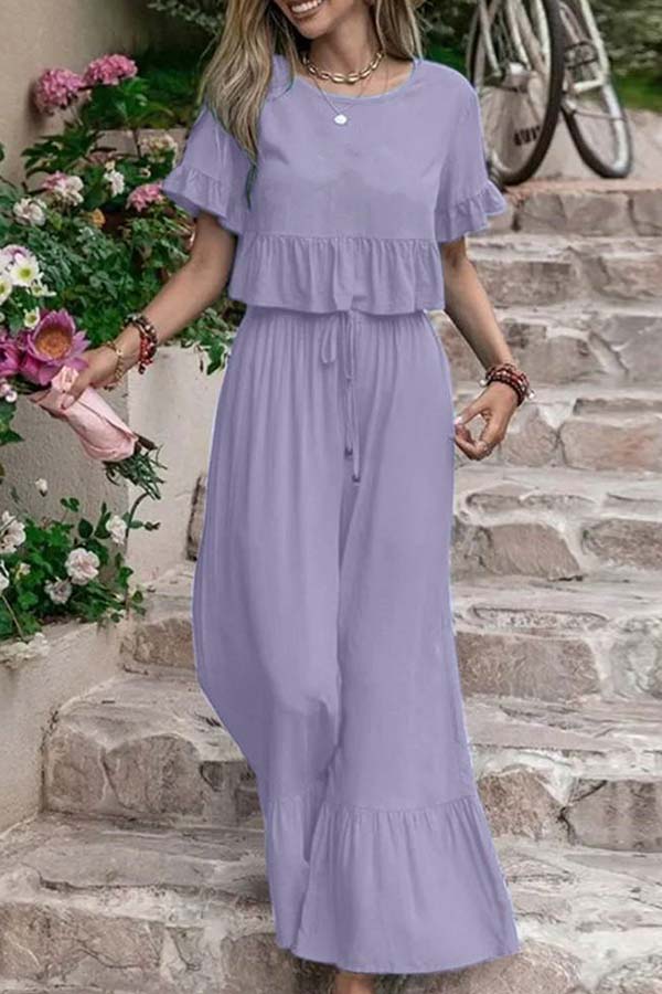 Casual loose one-color pants with short sleeves and wide legs two-piece set