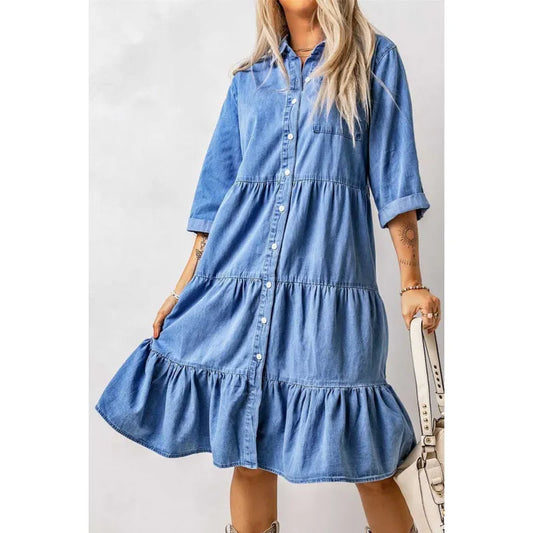 LD Mini chambray dress with ruffles and button closure in denim