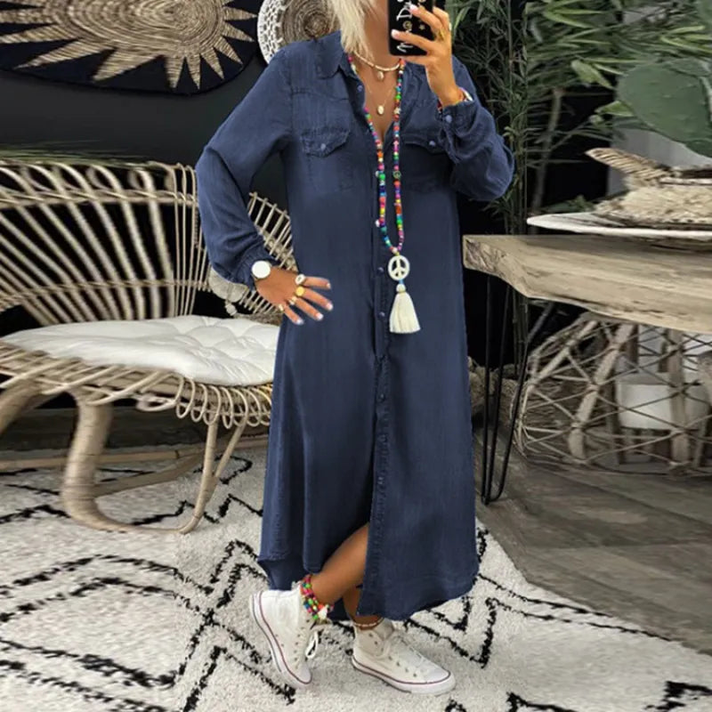 LP | Long denim dress with long sleeves and collar