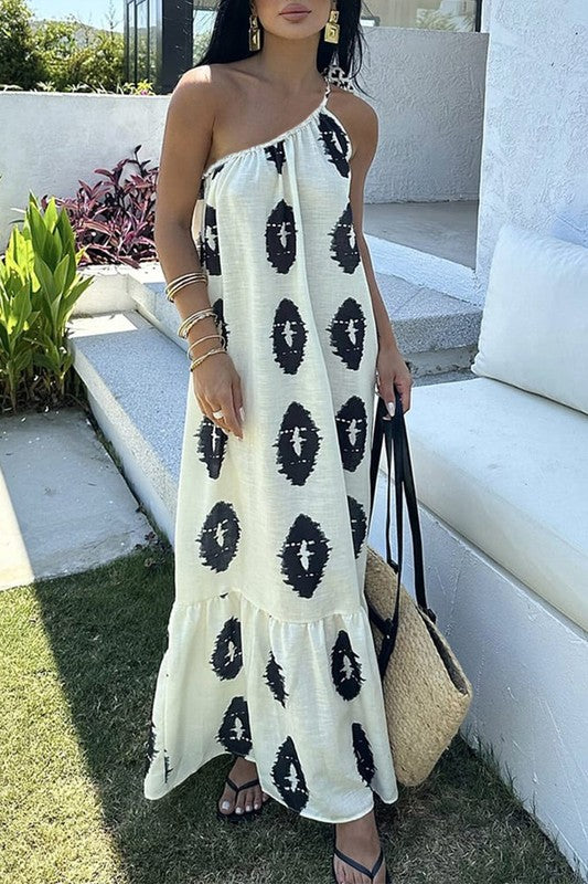 Printed white maxi dress with one-shoulder straps