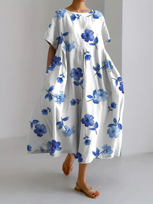 Loose-fitting women's dress with botanical retro floral print