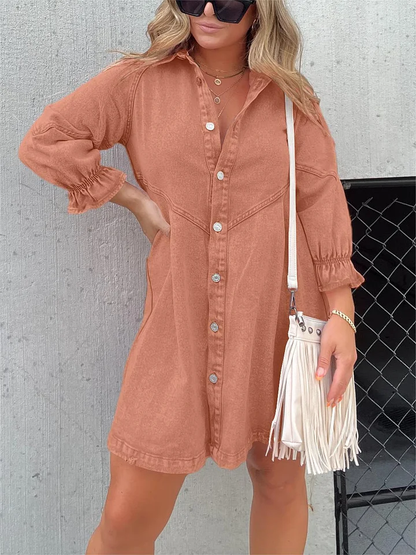 Washed denim dress with puff sleeves