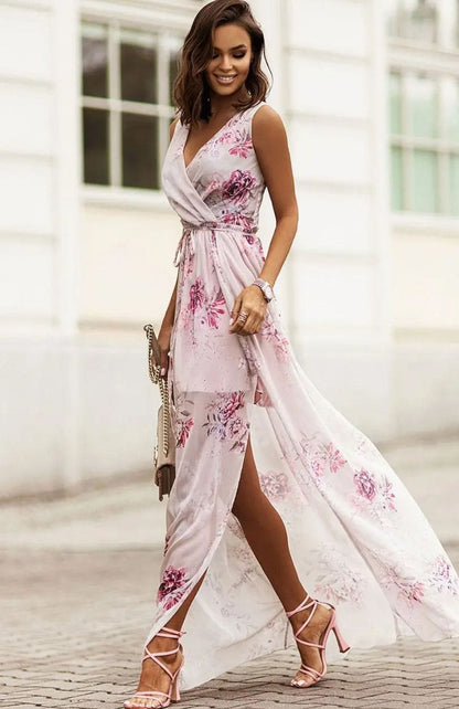LD Long sleeveless dress with crossed neckline and delicate floral print