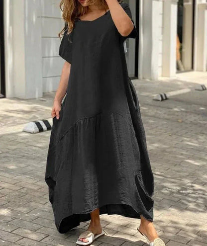 women's V-neck flared maxi dress with short sleeves