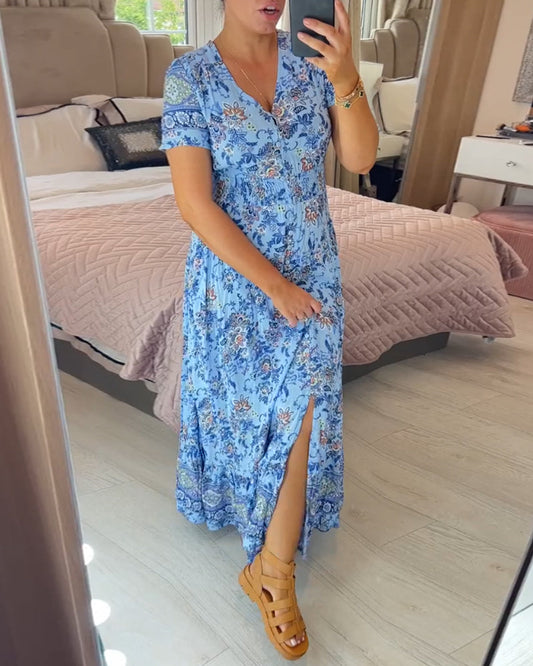 Dress with floral print and V-neckline
