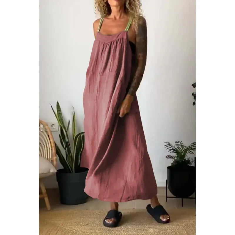 LD Long chambray dress with pockets and contrasting straps in beau blue