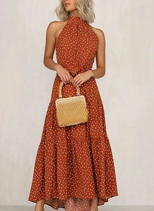 Printed long dress with bow at the waist