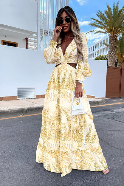 LP | Elegant long-sleeved V-neck printed dress