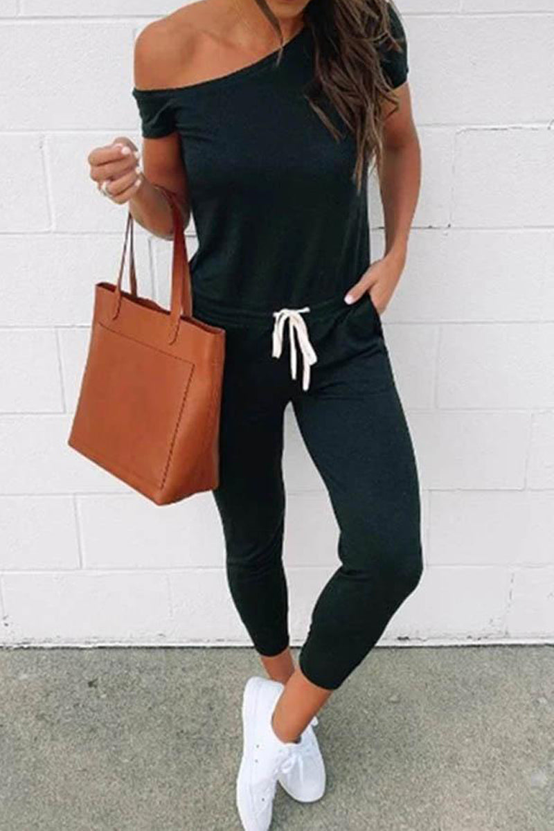 short-sleeve solid-color one shoulder casual wear jumpsuit