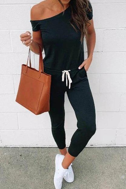 short-sleeve solid-color one shoulder casual wear jumpsuit