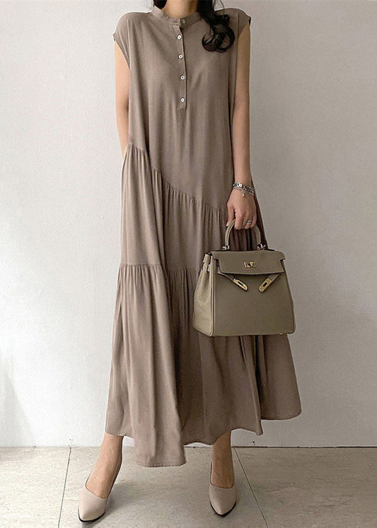 Long women's khaki cotton dress with button pocket
