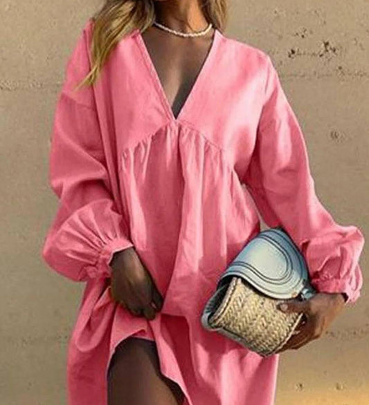 LD Casual dress with V-neck and pleated lantern sleeves