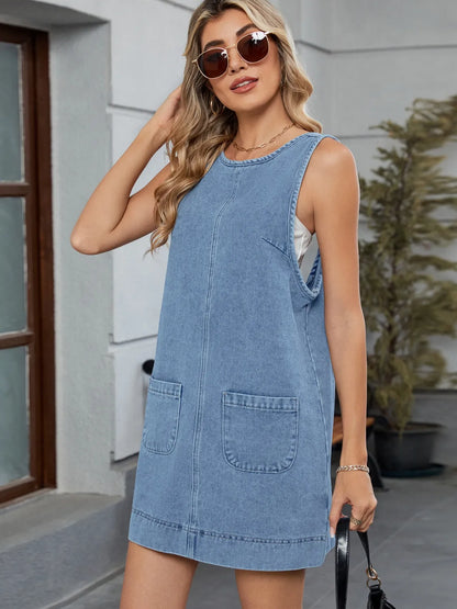 denim jumpsuit dress-with-round-neck
