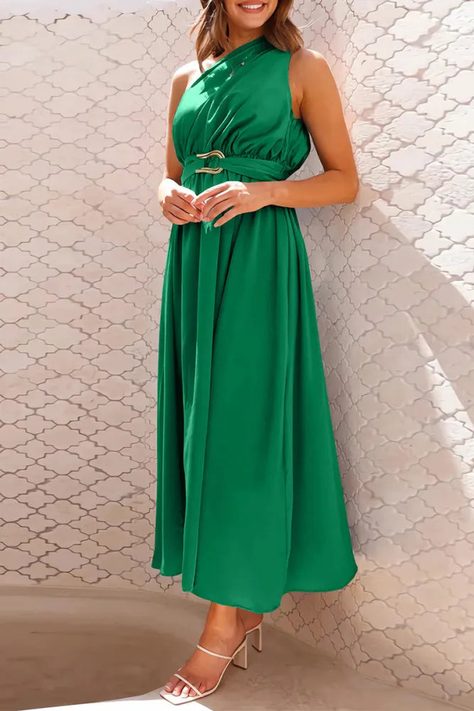 Elegant evening dresses with a sloping neckline and solid metallic accessory embellishments