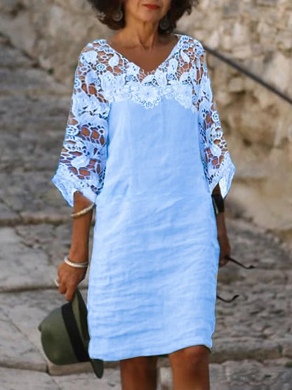 LP | Single-breasted cotton-linen collared dress with short sleeves for women