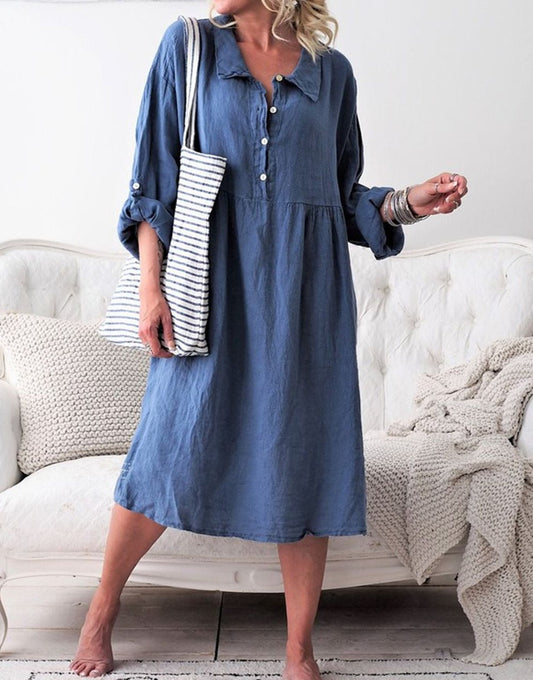 LD Basic fabric dress with buttons and shirt collar with long sleeves
