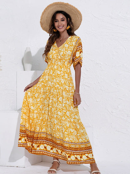 LD | V-neck fashion print high waist swing dress