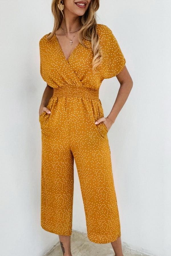 Casual printed-v-neck pocket jumpsuit