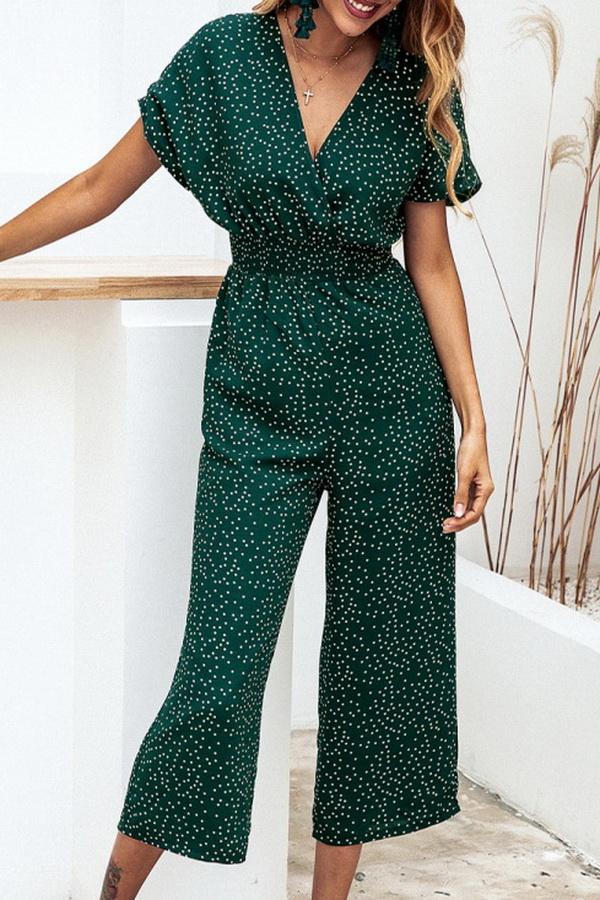 Casual printed-v-neck pocket jumpsuit