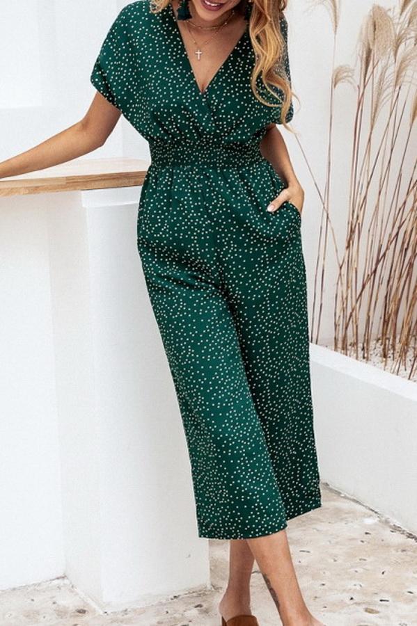 Casual printed-v-neck pocket jumpsuit