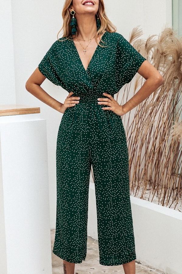 Casual printed-v-neck pocket jumpsuit