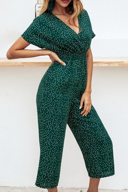 Casual printed-v-neck pocket jumpsuit