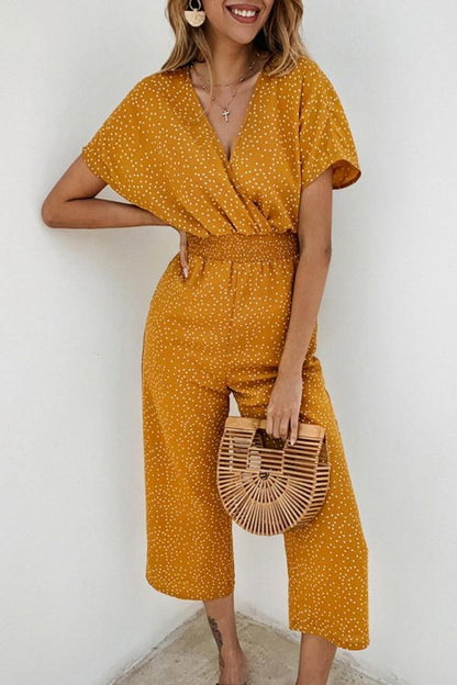 Casual printed-v-neck pocket jumpsuit