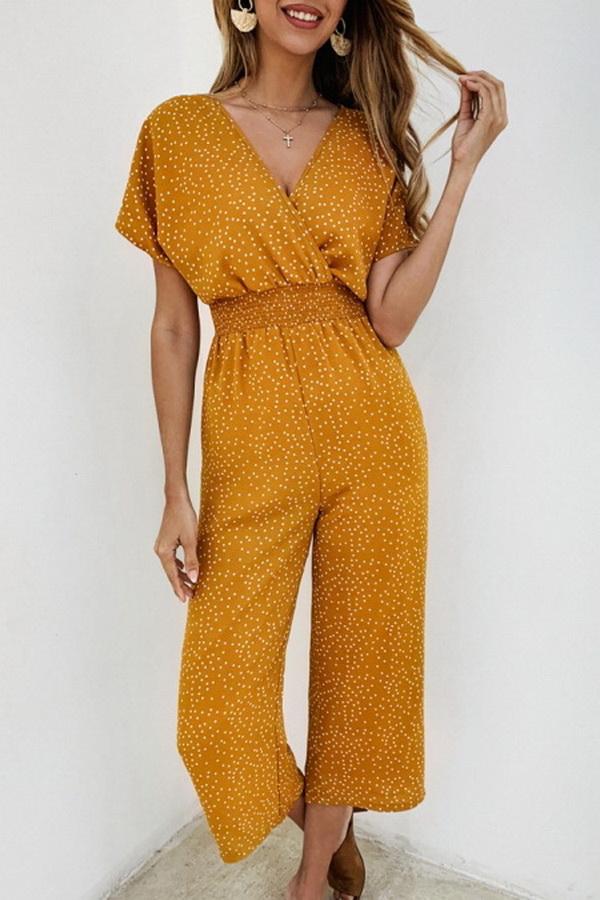Casual printed-v-neck pocket jumpsuit