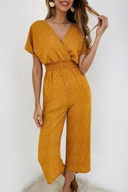 Casual printed-v-neck pocket jumpsuit