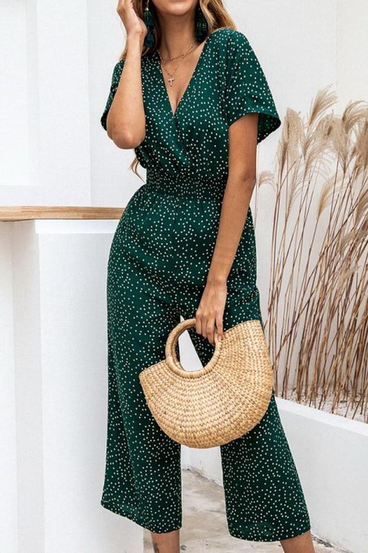 Casual printed-v-neck pocket jumpsuit