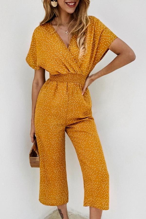 Casual printed-v-neck pocket jumpsuit
