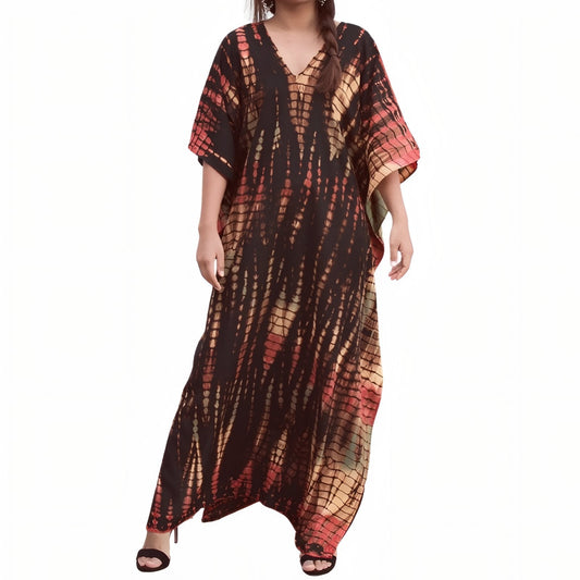Printed long dress with wide bat sleeves
