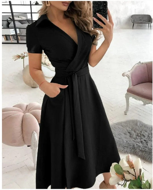 LD Long dress with casual upturned collar and belt