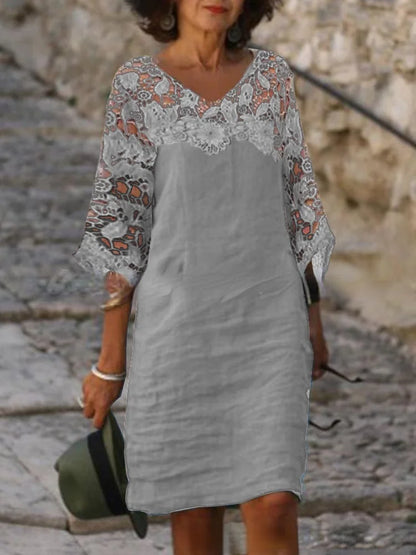 LP | Single-breasted cotton-linen collared dress with short sleeves for women