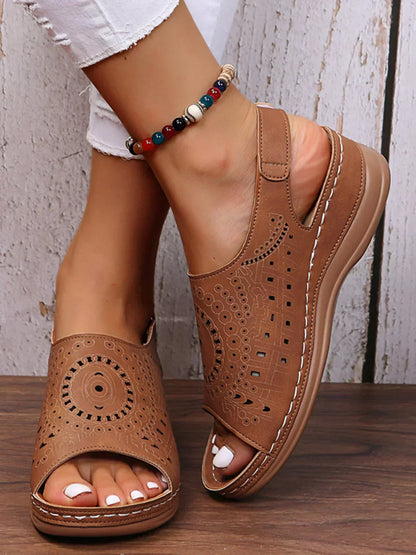 LP | Ethnic punched pattern with hollow velcro Retro sandal