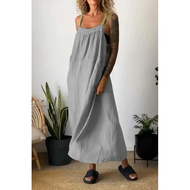 LD Long chambray dress with pockets and contrasting straps in beau blue