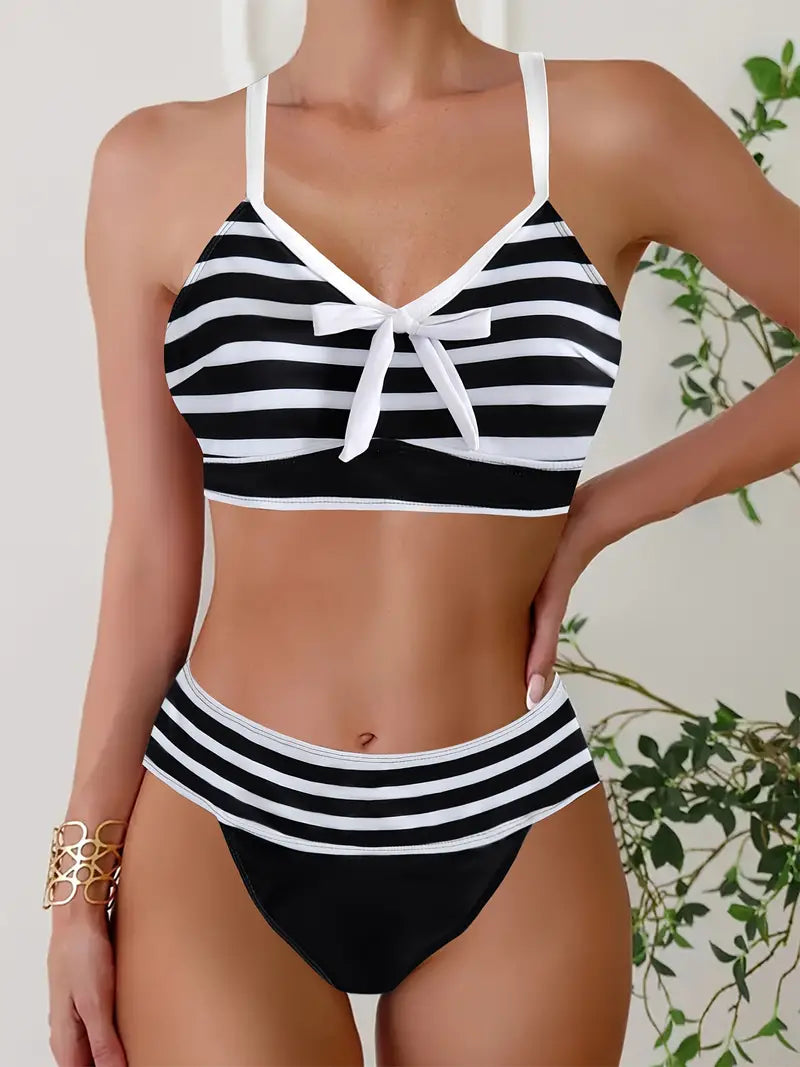 Sexy striped print bow V-neck bikini