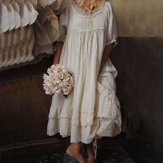 Stylish long dress in retro style with short sleeves