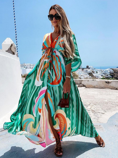 LP | Boho beach dress with sweetheart neckline, batwing sleeves, long cut and print