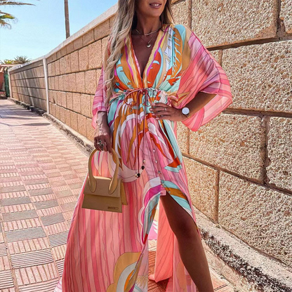 LP | Boho beach dress with sweetheart neckline, batwing sleeves, long cut and print