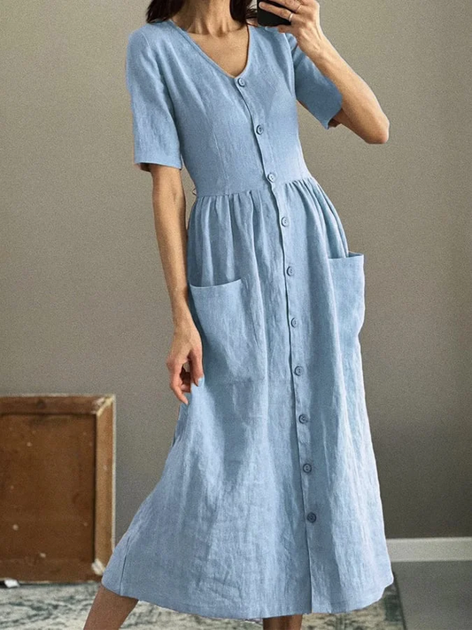 LD Plain casual ladies dress with V-neck and pockets
