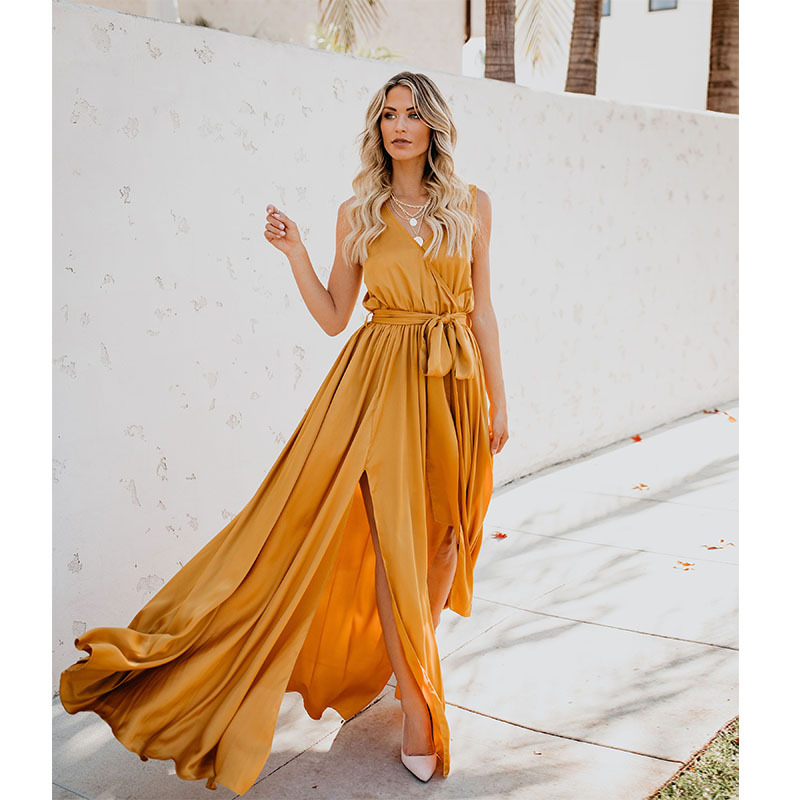 Meredith - sleeveless deep neckline maxi dress with buttoned belt