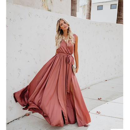Meredith - sleeveless deep neckline maxi dress with buttoned belt