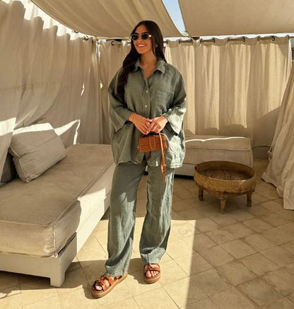 Set and long-sleeved pants in silk cotton