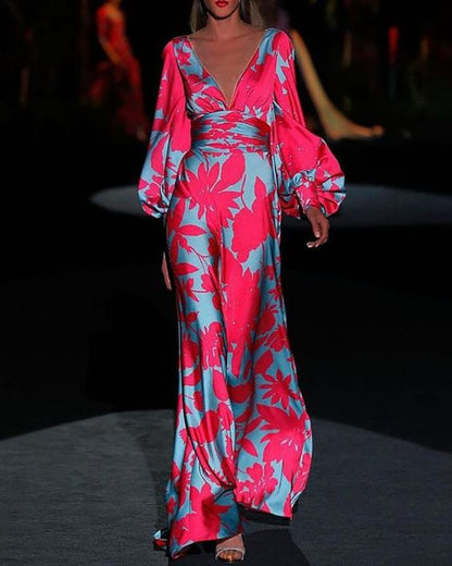 LP | Satin maxi dress with v-neck and floral print