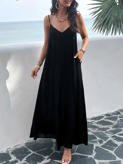 LD Plain, pleated, sleeveless, long dresses with a slit in the neck with spaghetti straps.