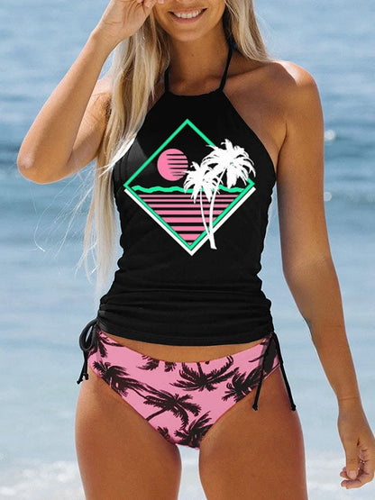 LP | Elegant black high-necked swimsuit with print