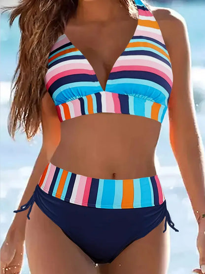 Halter bikini with colorful stripe print and drawstring