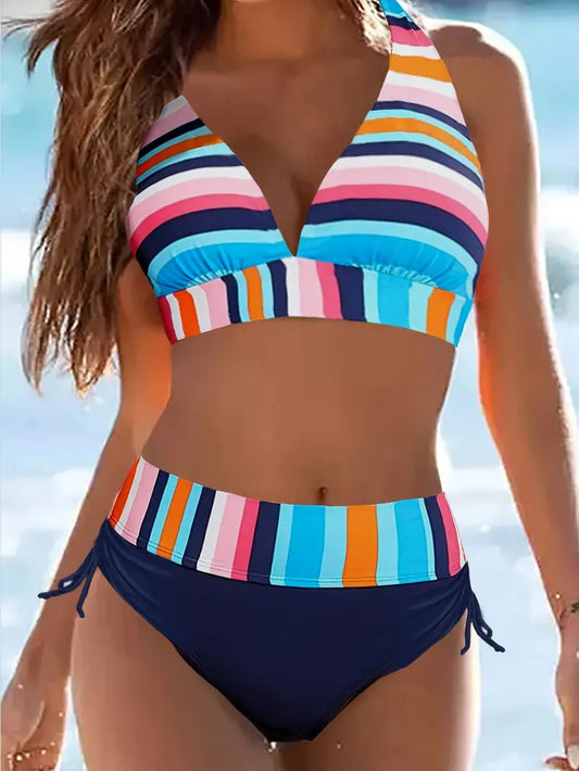 Halter bikini with colorful stripe print and drawstring